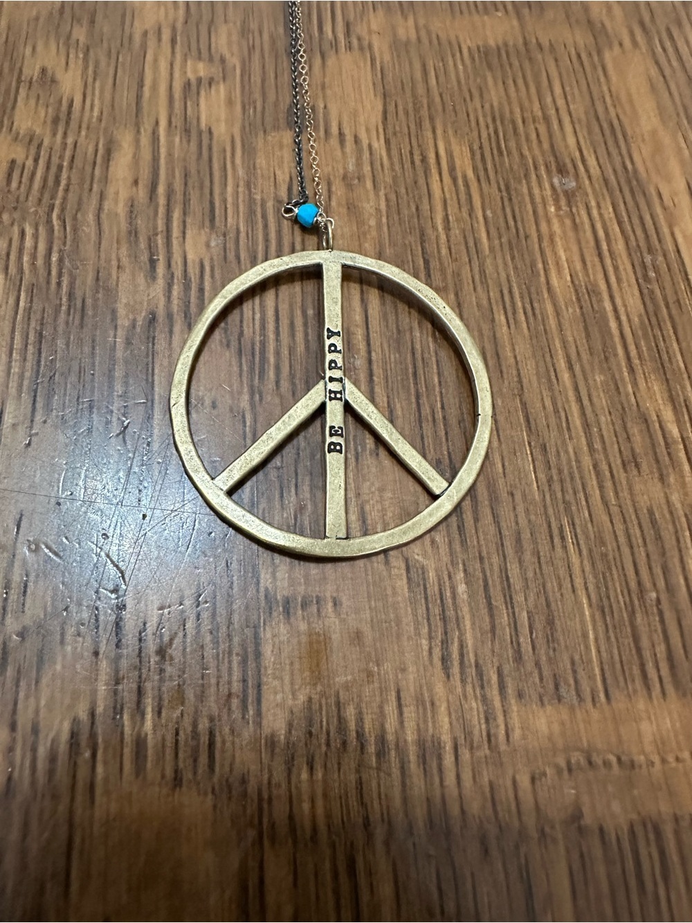 Be Hippy Peace Sign Pendant Necklace - Gold Tone with Turquoise Accent